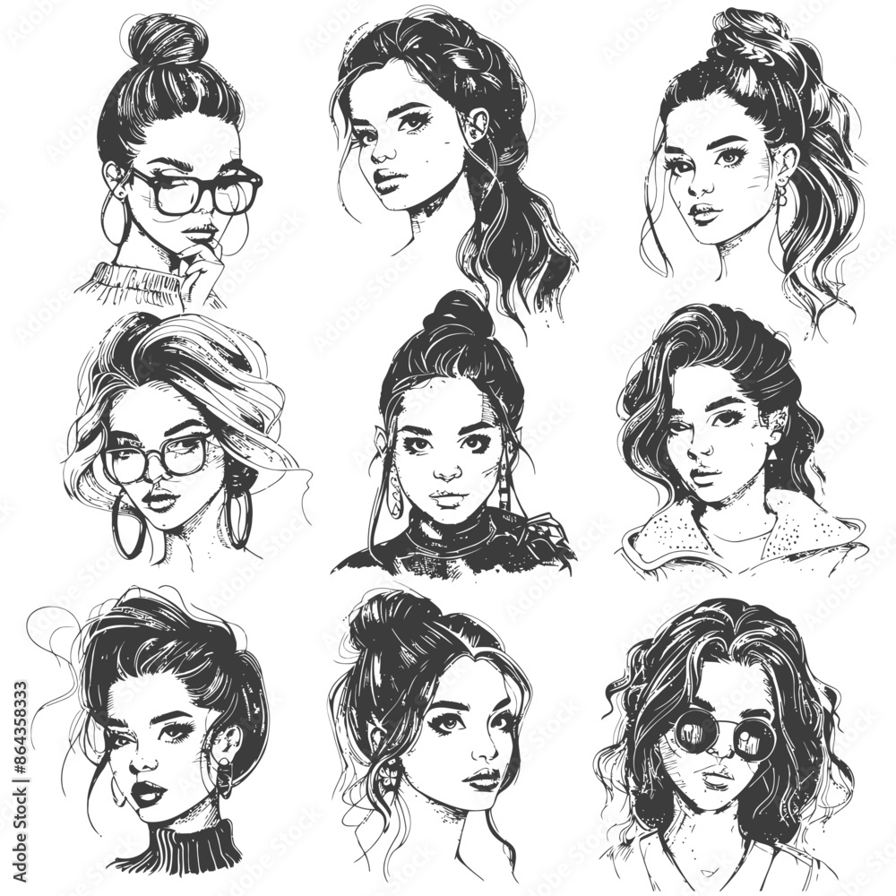 collection set hand drawn doodle cute women with engraving style collection set hand drawn doodle cute women with engraving style