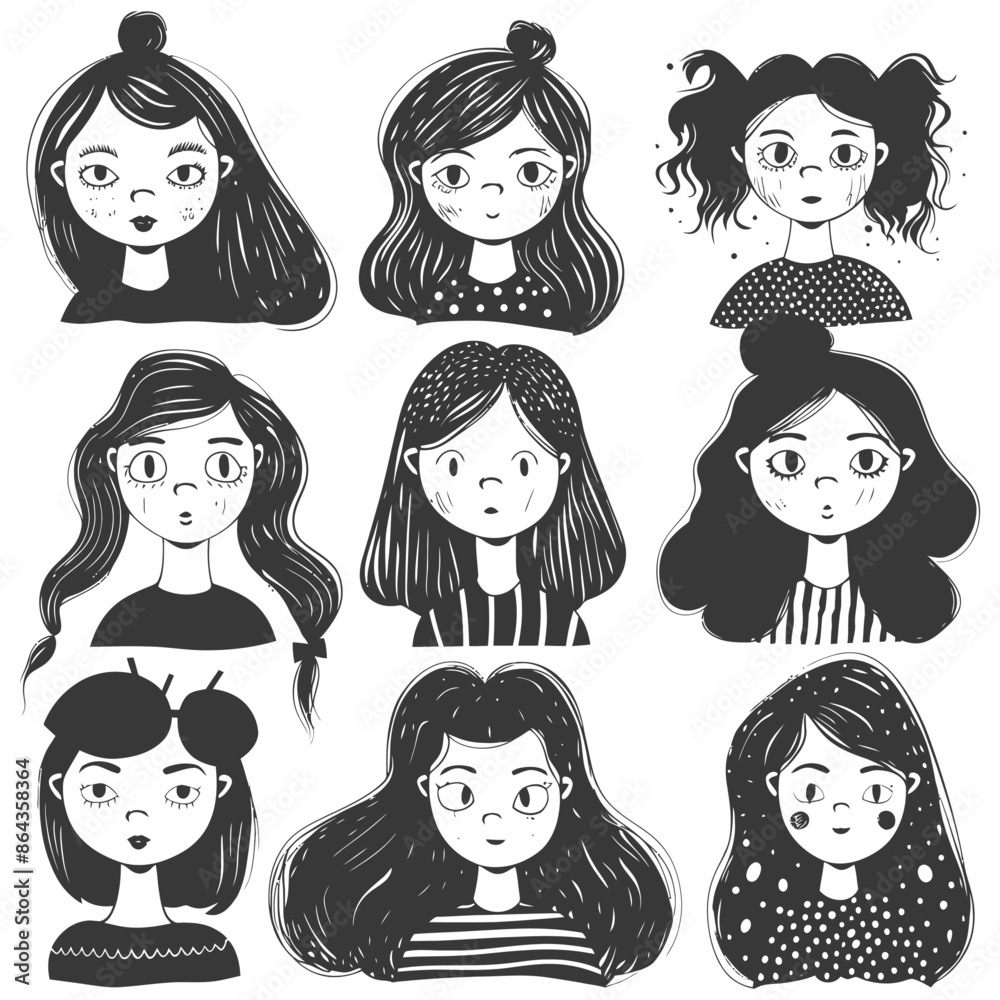 collection set hand drawn doodle cute women with engraving style collection set hand drawn doodle cute women with engraving style