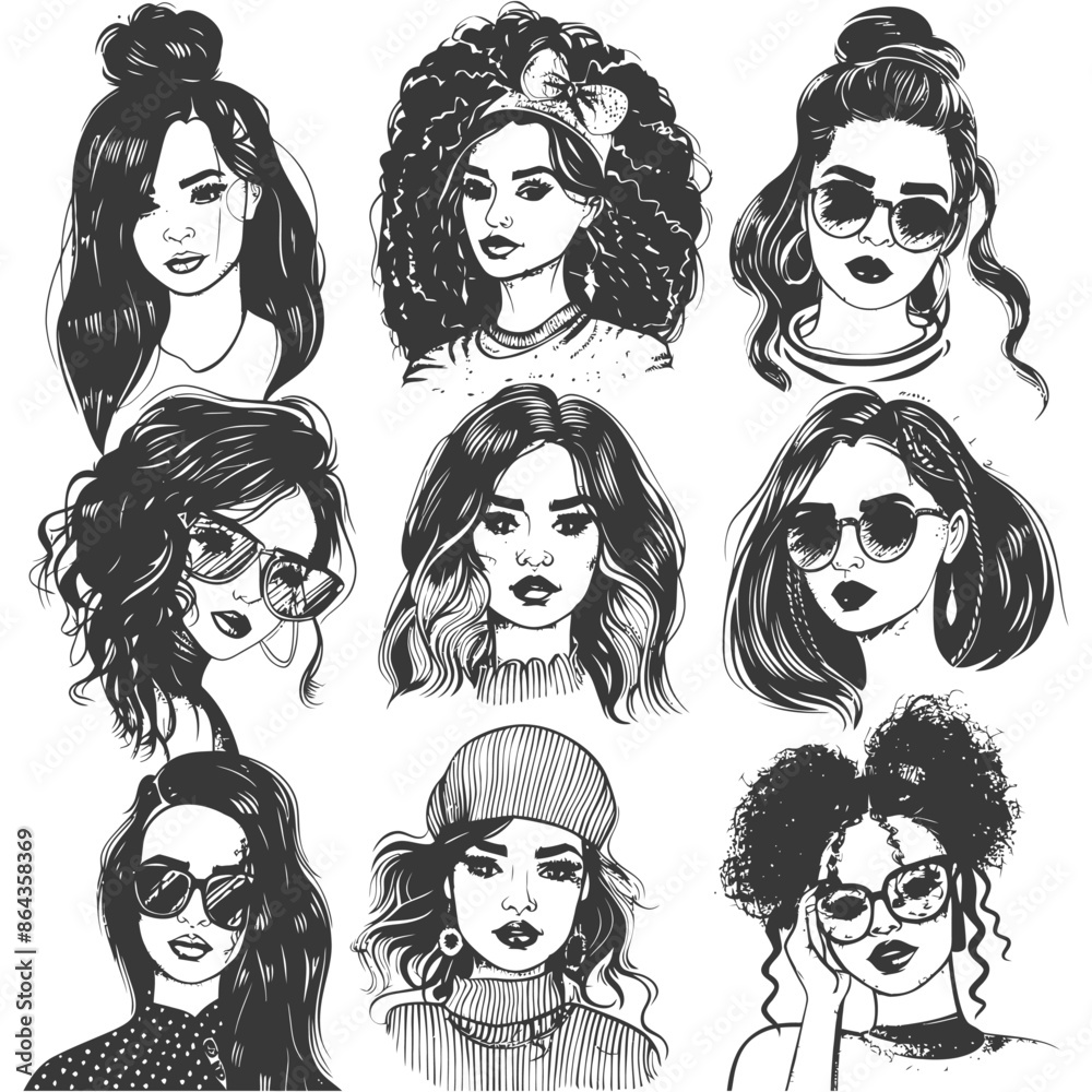 collection set hand drawn doodle cute women with engraving style collection set hand drawn doodle cute women with engraving style