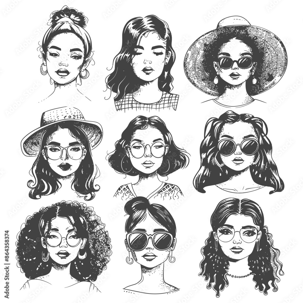 collection set hand drawn doodle cute women with engraving style collection set hand drawn doodle cute women with engraving style