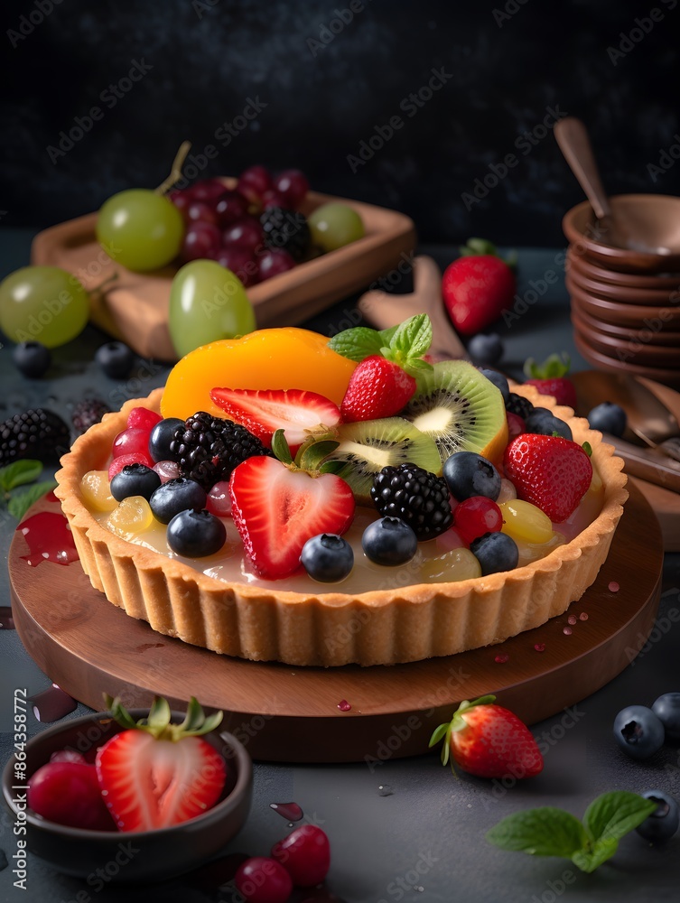 Vibrant Mixed Fruit Tart with Kiwi, Berries, and Peach Glaze. Vibrant Mixed Fruit Tart with Kiwi, Berries, and Peach Glaze.