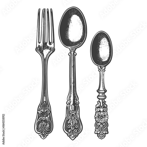 Engraved Silverware: Ornate Fork, Spoon, and Teaspoon Trio, Vintage Detail.