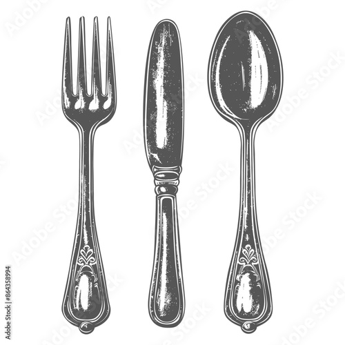 Vintage Engraved Silverware Set: Fork, Knife, and Spoon