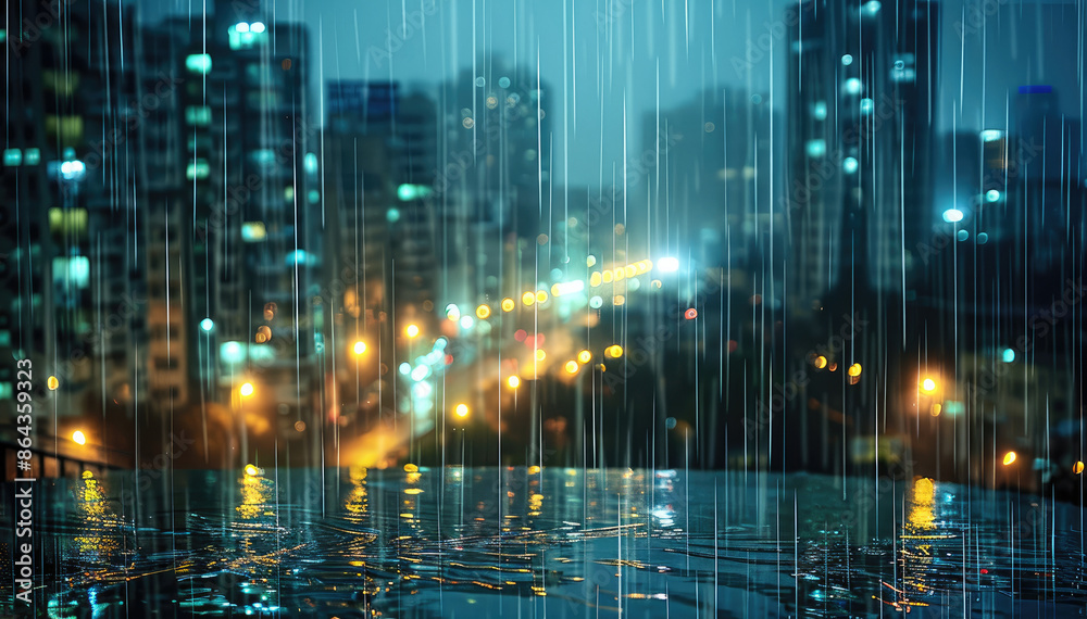 A pouring rain at night in the city. There were lights in the buildings. The rain was very heavy. The view from the building. Generative AI. A pouring rain at night in the city. There were lights in the buildings. The rain was very heavy. The view from the building. Generative AI.