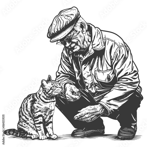 Grayscale Sketch: Elderly Man in Cap Squatting to Pet Striped Cat, Textured Clothing.
