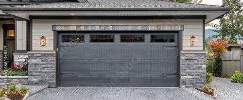 Modern Grey Garage Door With Stone Accents and Windows