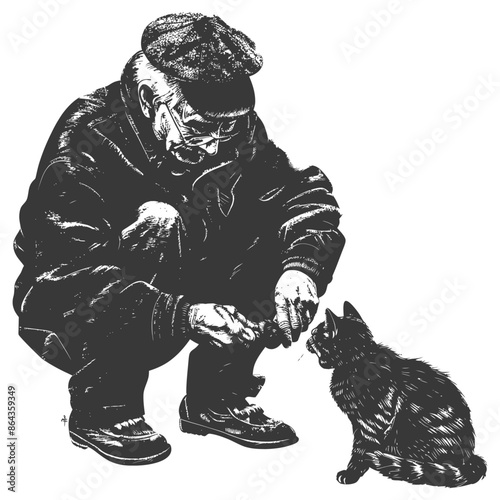 Elderly man in cap squatted, offering food to a tabby cat, high contrast sketch.