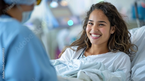 A smiling patient lying in a hospital bed engages in a cheerful conversation with a doctor, highlighting a supportive and positive medical environment and care.