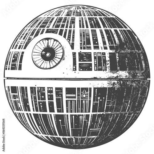 Death Star Blueprint, Black & White Sci-Fi Illustration, Vector Graphics.