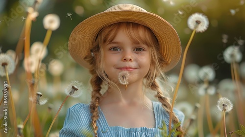 A young girl stands in a field full of blossoming dandelions, delighting in the whimsical experience with a bright smile, reflecting a joyful and carefree moment in nature.