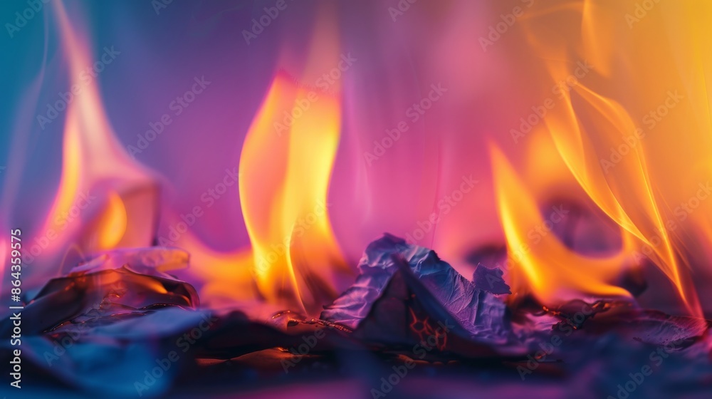 Close-up of vibrant flames with colorful lighting, abstract fire concept