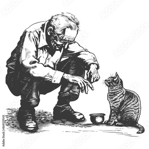 Distressed Man & Striped Cat: Hand-Drawn Illustration of Shared Solitude & Companionship