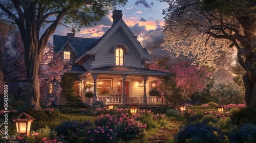 Illustration of A charming farmhouse with a wrap-around porch,  blooming flowers,  and glowing lanterns © basketman23