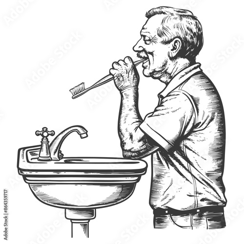 elderly man brushing his teeth in front of the sink with engraving style