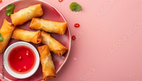 Golden spring rolls with a dipping sauce on a solid pink backdrop with copy space photo