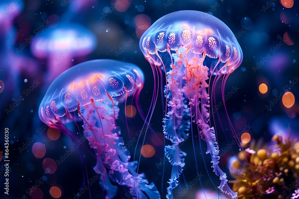 Naklejka premium Luminous Jellyfish Glowing jellyfish in the ocean