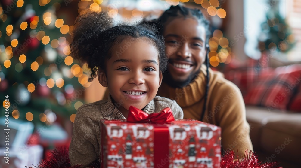 Father and daughter smiling joyously with a brightly wrapped Christmas gift, highlighting the excitement and festive spirit, with a beautifully decorated Christmas tree behind them. Father and daughter smiling joyously with a brightly wrapped Christmas gift, highlighting the excitement and festive spirit, with a beautifully decorated Christmas tree behind them.