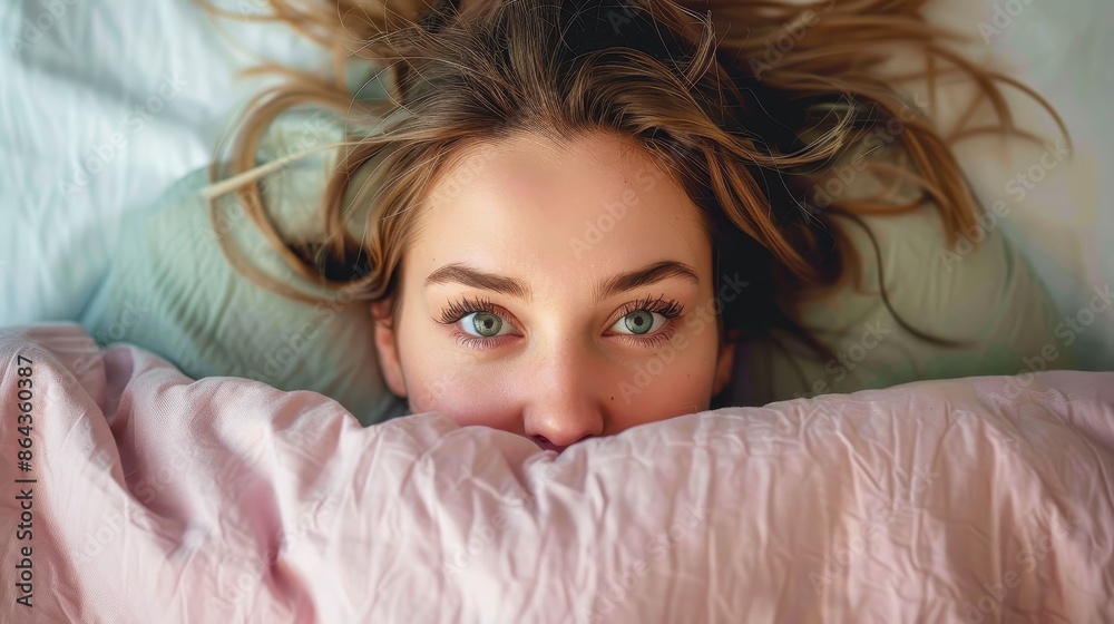 A woman with striking green eyes peeks out from under a soft pink blanket, creating a sense of coziness and morning tranquility in her bedroom setting. A woman with striking green eyes peeks out from under a soft pink blanket, creating a sense of coziness and morning tranquility in her bedroom setting.