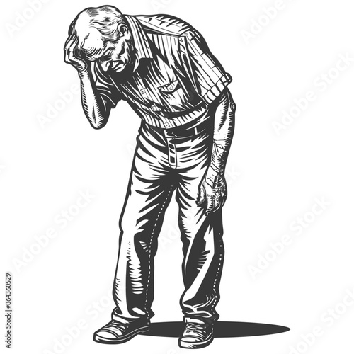 elderly man holding headache in pain with engraving style