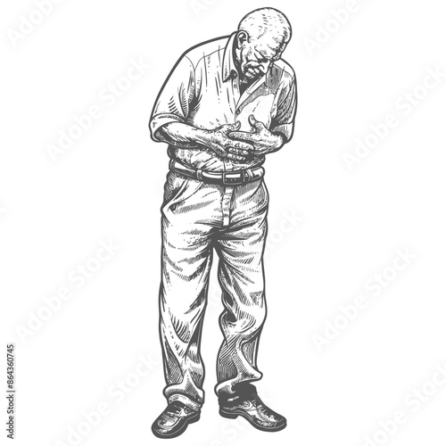 Etched elderly man clutching chest in pain, heart attack or grief, textured illustration.