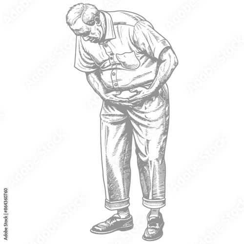 elderly man holding stomach in pain with engraving style