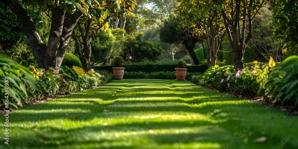 Garden featuring a striped lawn with checkerboard effect and stunning trees. Concept Striped Lawn, Checkerboard Effect, Stunning Trees, Garden Landscape Garden featuring a striped lawn with checkerboard effect and stunning trees. Concept Striped Lawn, Checkerboard Effect, Stunning Trees, Garden Landscape