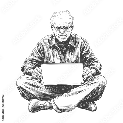 elderly man playing on laptop while sitting cross legged with engraving style