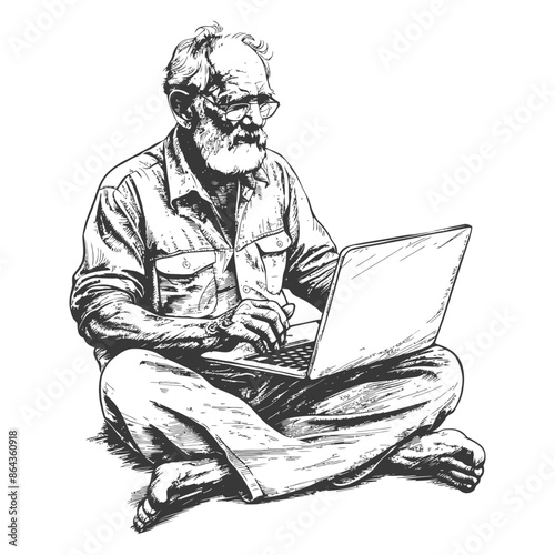 elderly man playing on laptop while sitting cross legged with engraving style