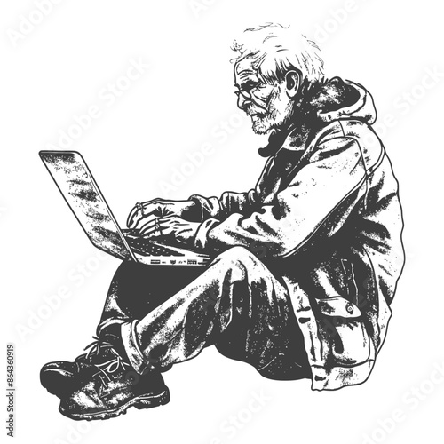 elderly man playing on laptop while sitting cross legged with engraving style