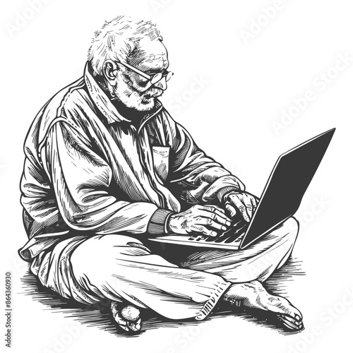 elderly man playing on laptop while sitting cross legged with engraving style