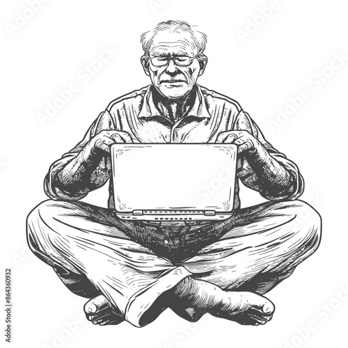 elderly man playing on laptop while sitting cross legged with engraving style