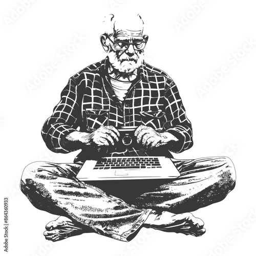 elderly man playing on laptop while sitting cross legged with engraving style