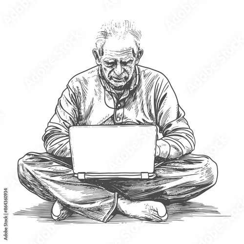 elderly man playing on laptop while sitting cross legged with engraving style