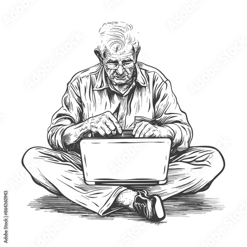 elderly man playing on laptop while sitting cross legged with engraving style