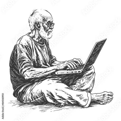 elderly man playing on laptop while sitting cross legged with engraving style