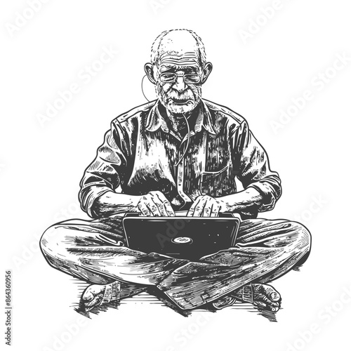elderly man playing on laptop while sitting cross legged with engraving style