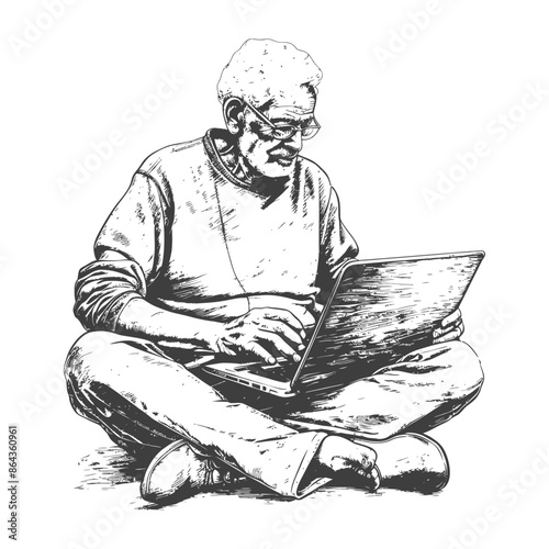 elderly man playing on laptop while sitting cross legged with engraving style