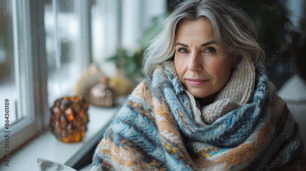 An elderly woman wrapped in warm, cozy blankets gazes out of a window, enveloped in the comforts of home, emanating a sense of nostalgia and tranquility during winter. An elderly woman wrapped in warm, cozy blankets gazes out of a window, enveloped in the comforts of home, emanating a sense of nostalgia and tranquility during winter.