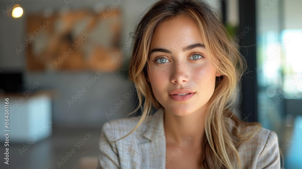 A young woman with bright eyes in a cozy room illuminated by warm lighting, exuding a sense of tranquility and comfort, embodying elegance and warmth. A young woman with bright eyes in a cozy room illuminated by warm lighting, exuding a sense of tranquility and comfort, embodying elegance and warmth.