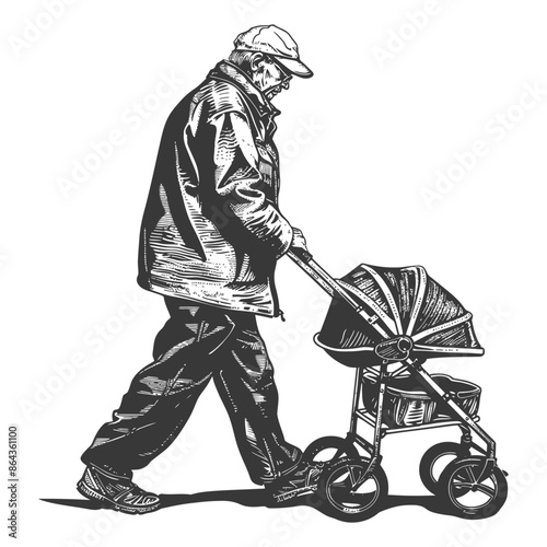 elderly man pushing a stroller across the street with engraving style