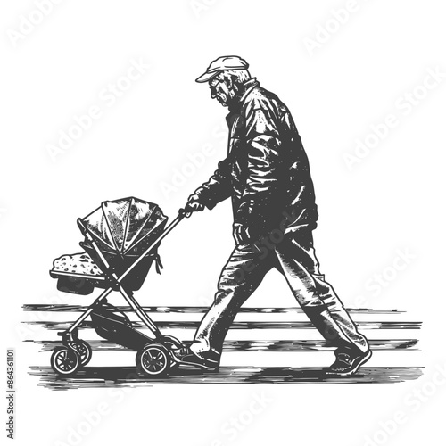 elderly man pushing a stroller across the street with engraving style
