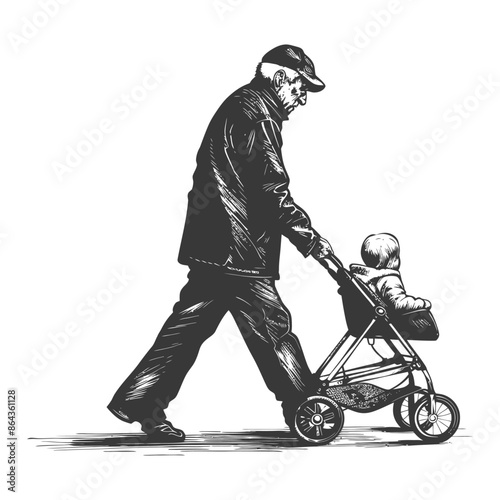 elderly man pushing a stroller across the street with engraving style