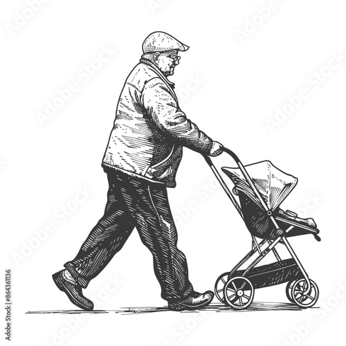 elderly man pushing a stroller across the street with engraving style