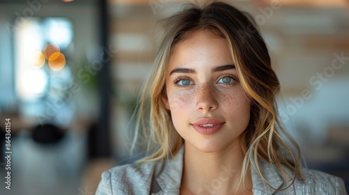 A young woman with a charming smile in a cozy indoor setting, with soft lights enhancing her natural beauty, signifying warmth, peace, and pleasantness.