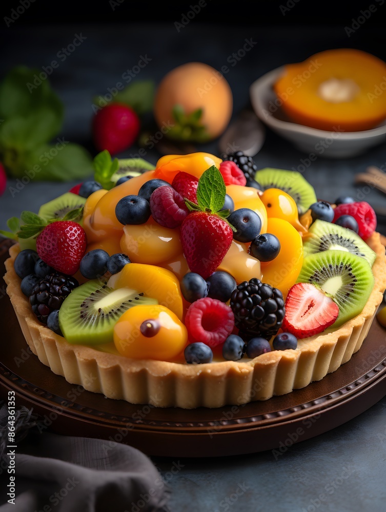 Vibrant Mixed Fruit Tart with Kiwi, Berries, and Peach Glaze. Vibrant Mixed Fruit Tart with Kiwi, Berries, and Peach Glaze.