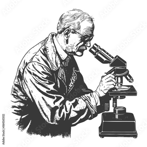 elderly man scientists looking through microscope with engraving style
