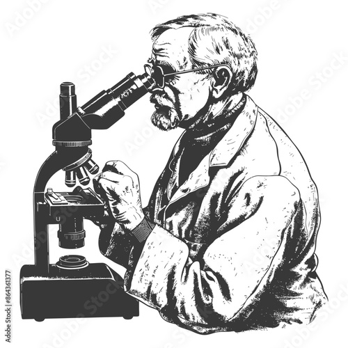 elderly man scientists looking through microscope with engraving style