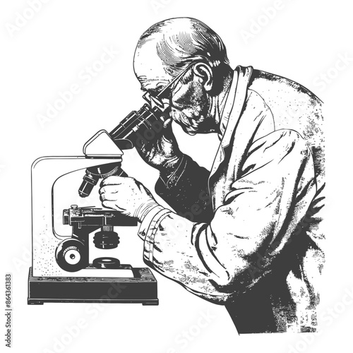elderly man scientists looking through microscope with engraving style