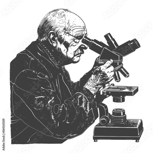 elderly man scientists looking through microscope with engraving style