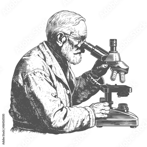 elderly man scientists looking through microscope with engraving style